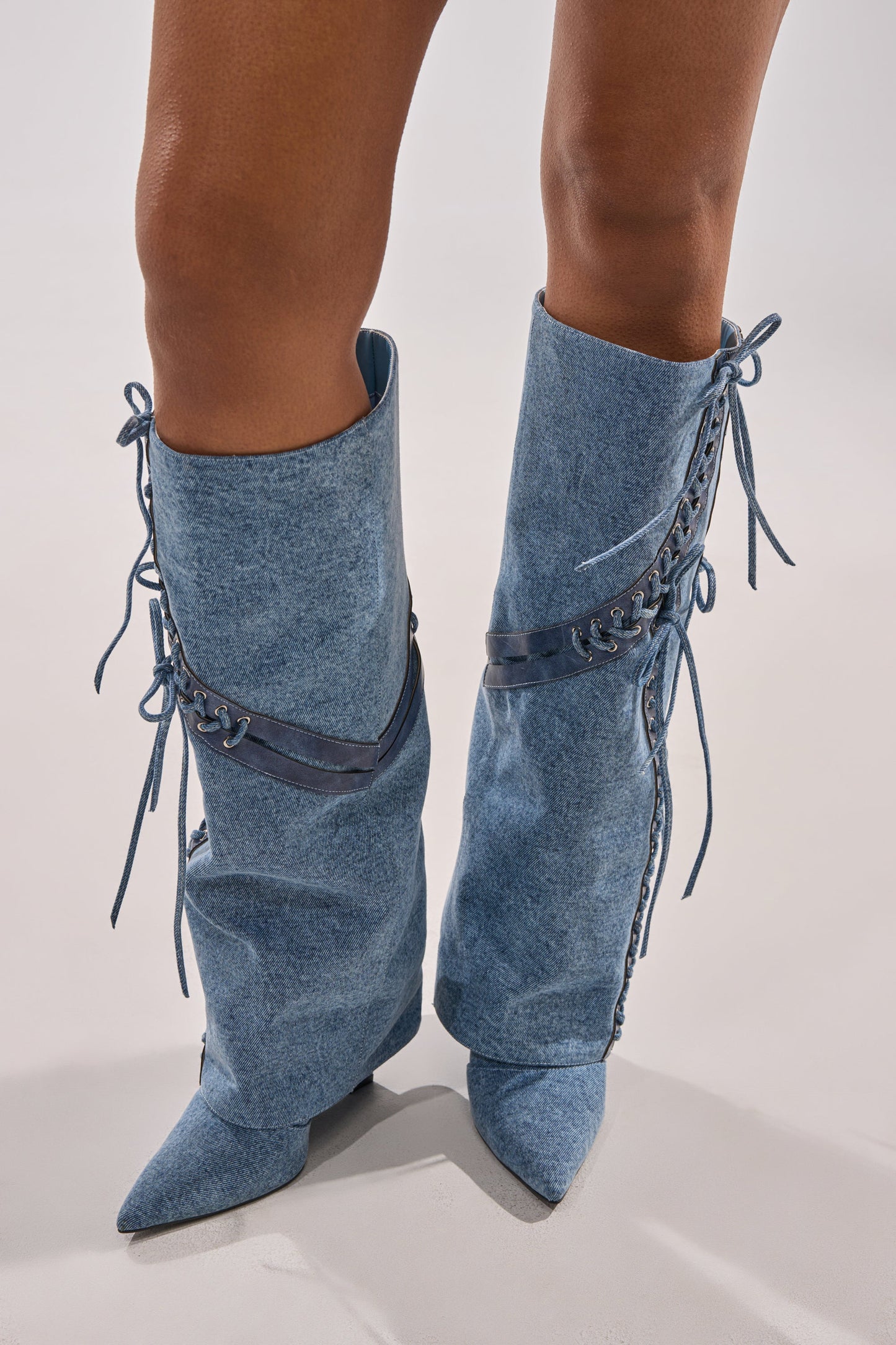 AKIRA GOLD MANTIGNA DENIM WEDGE BOOT