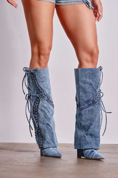 AKIRA GOLD MANTIGNA DENIM WEDGE BOOT