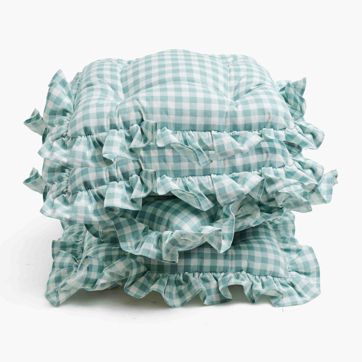 Duck-egg Blue Gingham Ruffle Seat Pad Cushion