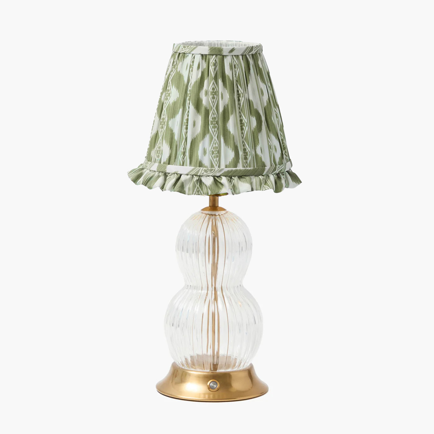 Glass Bardot Rechargeable Lamp with Olive Ikat Ruffle Shade (18cm)