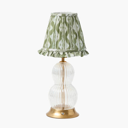Glass Bardot Rechargeable Lamp with Olive Ikat Ruffle Shade (18cm)