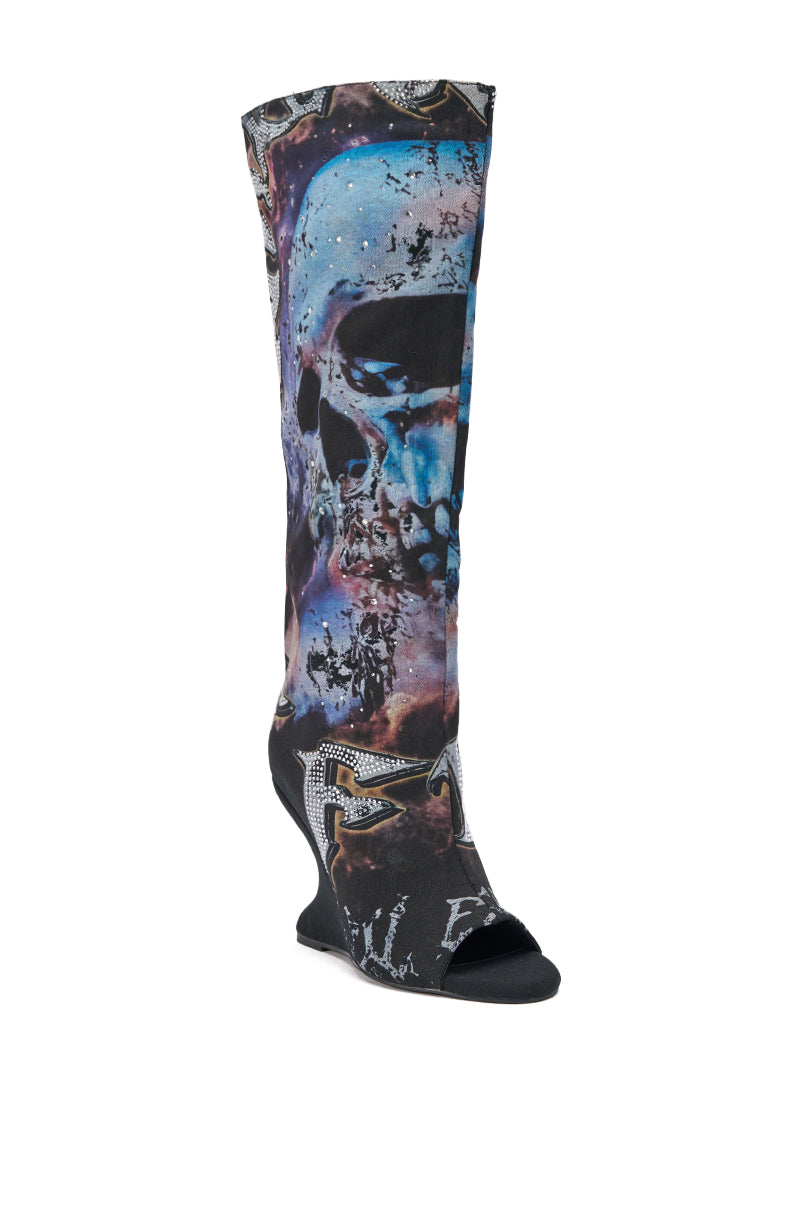 AKIRA GOLD NINE LIVES GRAPHIC OPEN TOE WEDGE BOOT