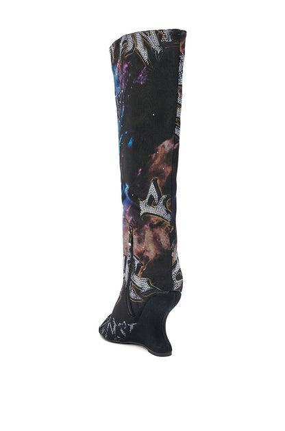 AKIRA GOLD NINE LIVES GRAPHIC OPEN TOE WEDGE BOOT