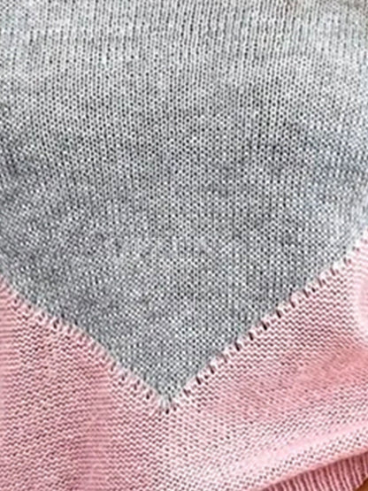 European and American Cross-border Sweater Autumn and Winter Contrast Crewneck Pullover Stitching Hollow-out Slim-fit Long-sleeved Thin Knitted Top for Women