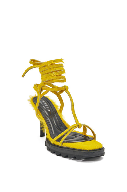 AKIRA GOLD RAVZA YELLOW CALF HAIR STRAP HIGH HEEL STILETTO SANDAL