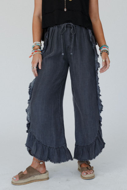 Drift Wave Ruffle Wide Leg Pants - Black - Pre Order