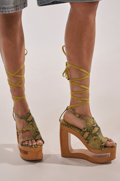 AKIRA GOLD RIN GREENSNAKE NOVELTY LACE UP WEDGE SANDAL