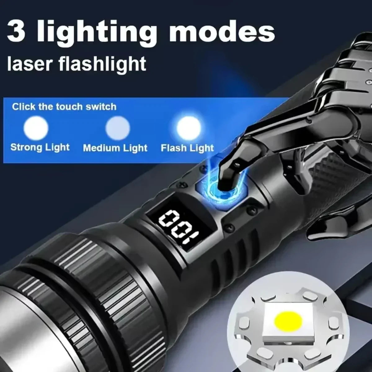 Powerful LED Flashlight – Adjustable Zoom, Digital Battery Display, USB-C Rechargeable