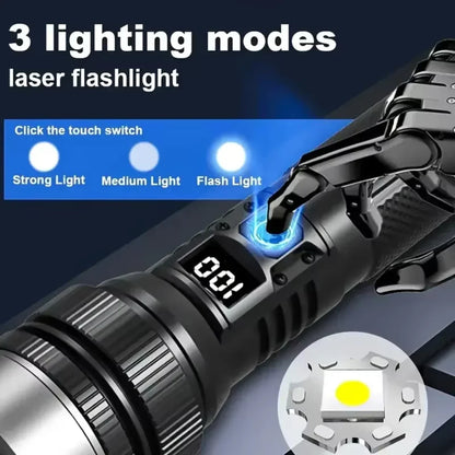 Powerful LED Flashlight – Adjustable Zoom, Digital Battery Display, USB-C Rechargeable