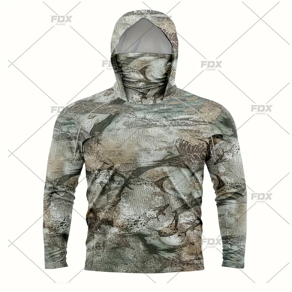 Army Green Camo Colorful Hoodie with Face Mask UV 50+Gaiter Fishing Clothing Men's Long sleeved Breathable Quick Drying T-shirt