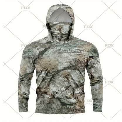 Army Green Camo Colorful Hoodie with Face Mask UV 50+Gaiter Fishing Clothing Men's Long sleeved Breathable Quick Drying T-shirt