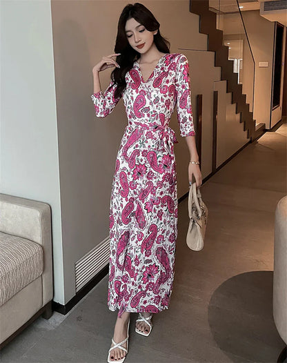 FANIECES Summer Wrap Dresses Women Sexy V Neck Split Maxi Dress Print Female Casual Beachwear Lace Up Party Vestidos Robe платье