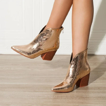 Gold Silver Ankle Boots Women Zipper Pointed Toe Square Chunky High Heel Snake Print Leather Design Boots for Women Botas Mujer