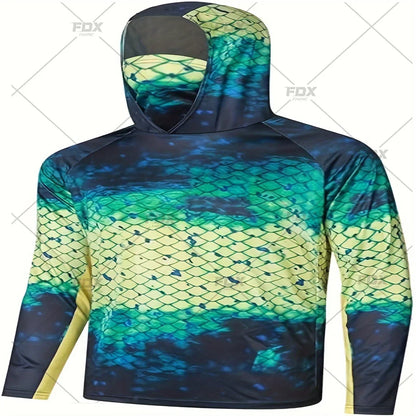 Army Green Camo Colorful Hoodie with Face Mask UV 50+Gaiter Fishing Clothing Men's Long sleeved Breathable Quick Drying T-shirt