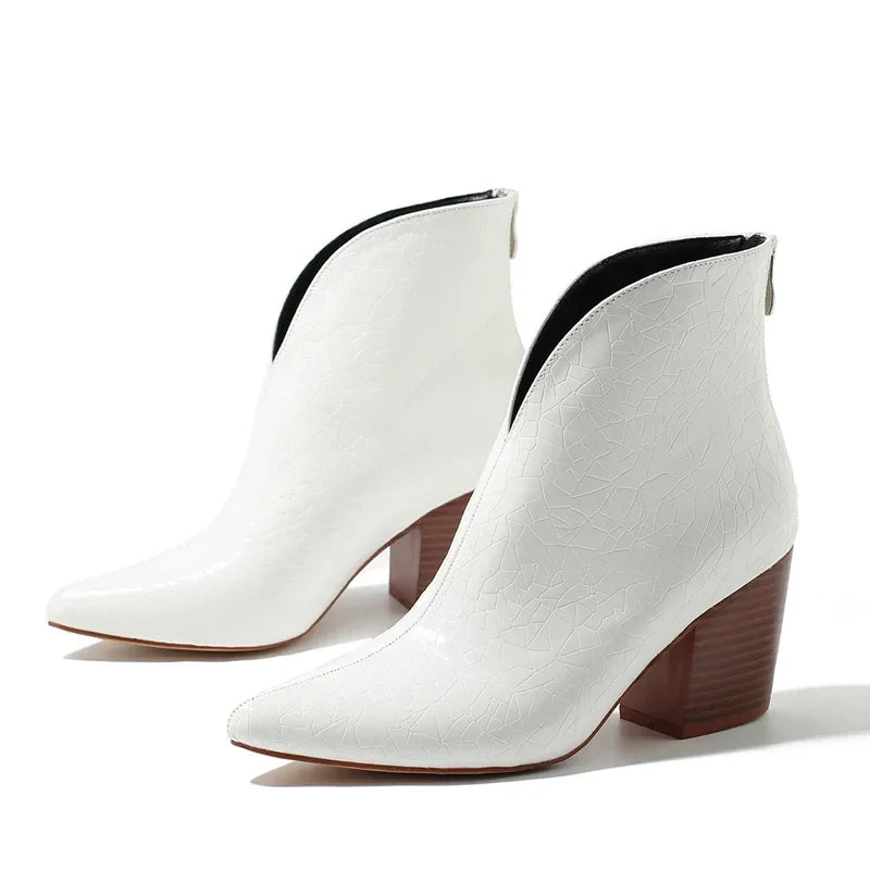 Gold Silver Ankle Boots Women Zipper Pointed Toe Square Chunky High Heel Snake Print Leather Design Boots for Women Botas Mujer