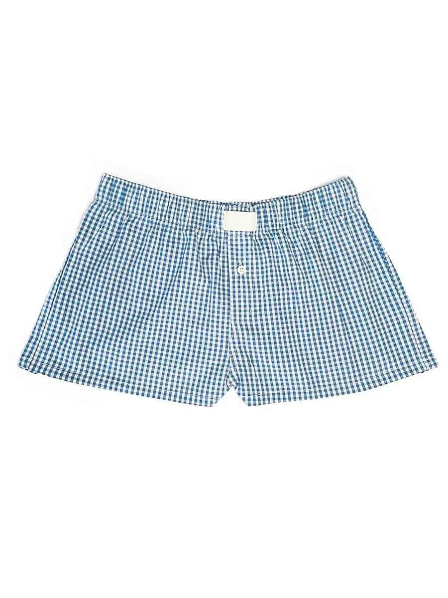 Women’s Y2K Retro Cleanfit Plaid Print Elastic Low Waist Button Front Aesthetic Loungewear Loose Shorts Boxers Streetwear