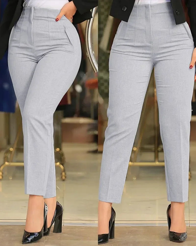 Elegant Pleated Waist Work Pants For Women White All-Match Daily OL Laides Fashion Office Formal Wear High Waisted Trousers