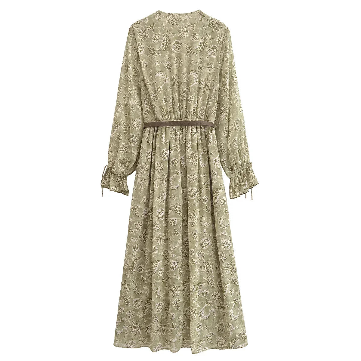 2025 New Spring Womens Dress Flower Printed Long Dresses For Women Long Sleeve Belt Midi Dress Ladies Elegant Party Dresses