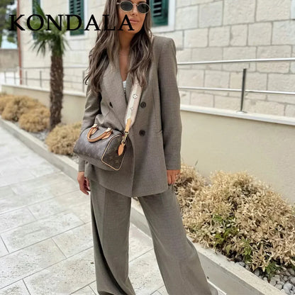 KONDALA 2026 Spring Summer Office Lady Solid Suits Fashion Elegant Double Breasted Tops For Women Chic Zip Up Wide Leg Pants