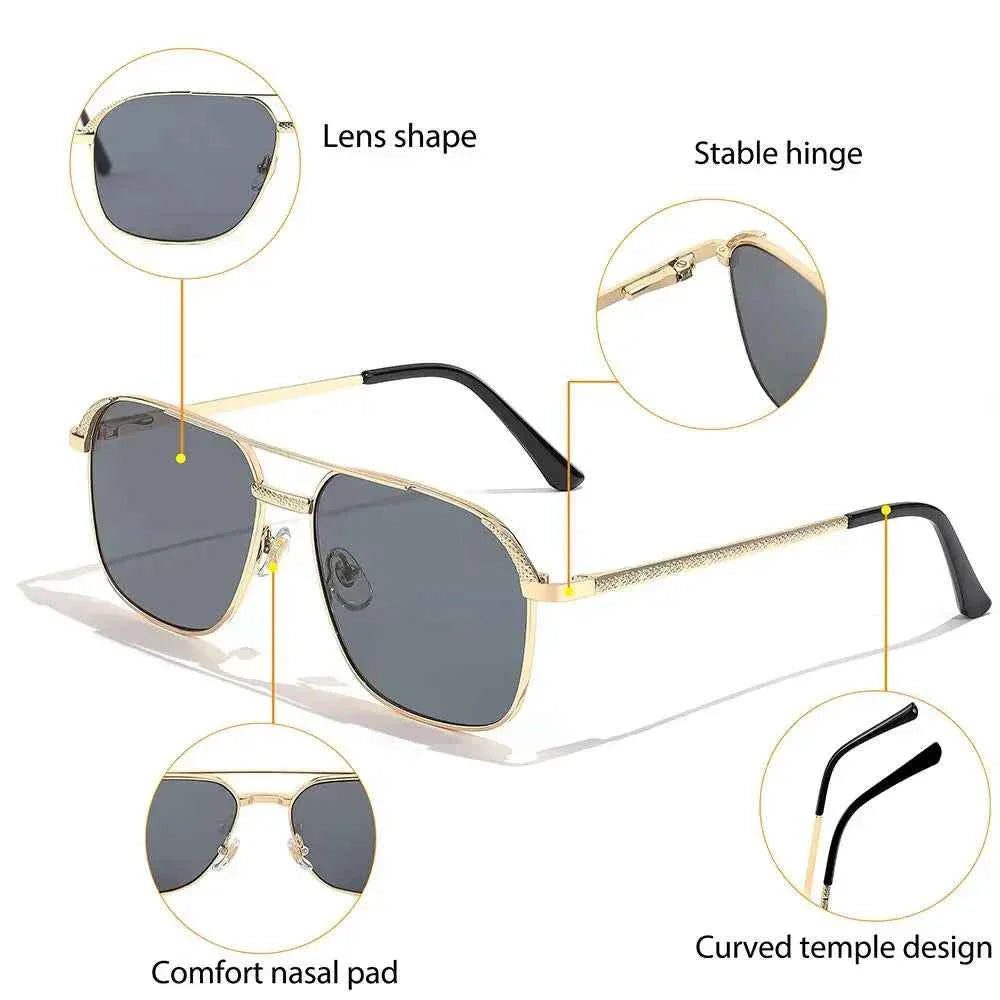 CATERSIDE New Retro Pilot Sunglasses Men Square Frame Suneyeglass Women Flat Top Double Bridges Vacation Beach Eyewear UV400