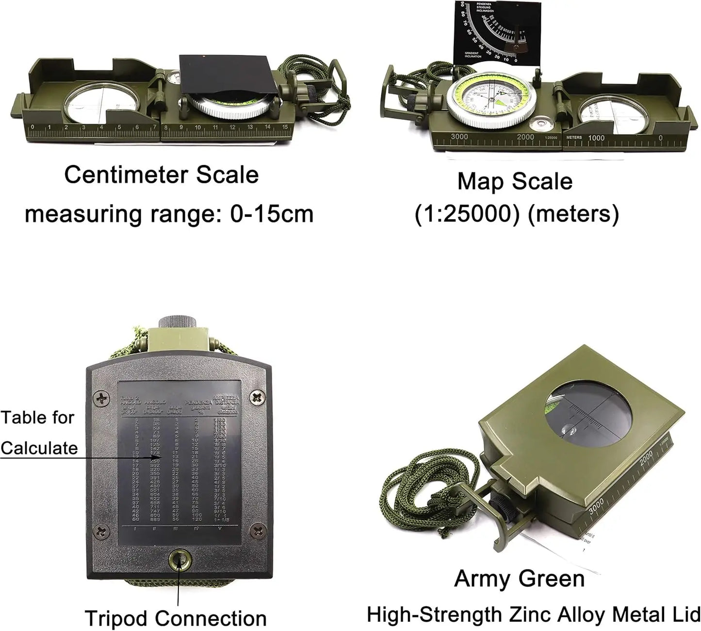 Mulitifunctional High Precision Outdoor Survival Military Compass Camping Waterproof Metal with Fluorescent Geological Compass