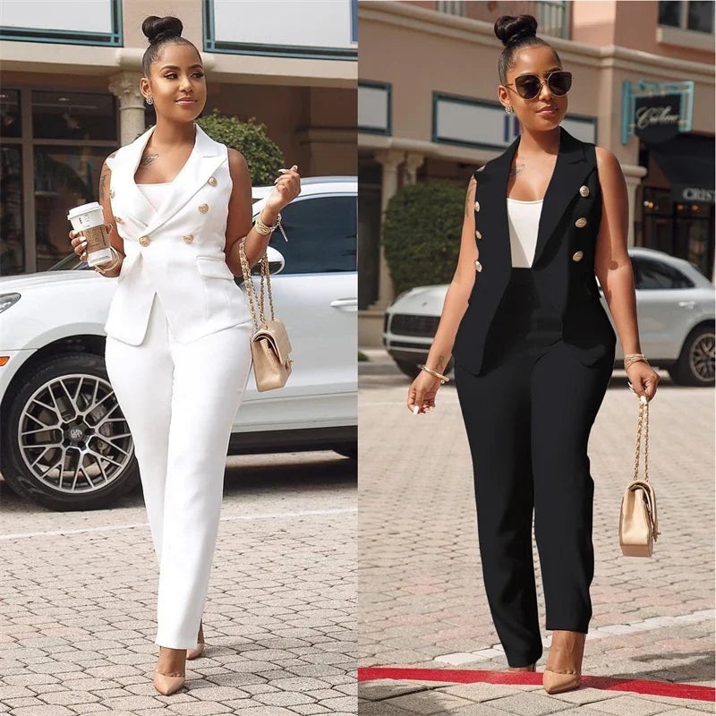 Business Work Wear Two Piece Pant Suits for Women Sets Elegant Sleeveless Blazer Top and Pencil Pants Office Lady Matching Sets