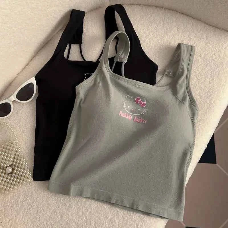 Summer Cute Girly Style HelloKitty Printed Suspender Vest with Chest Pad Slim Pinch Waist Versatile Vintage Top