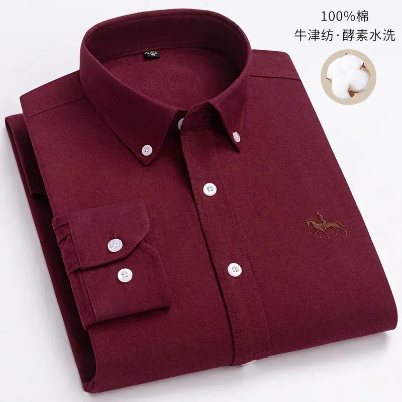 S~7XL 100% Pure Cotton Men's Long Sleeve Oxford Spinning Shirt Business Leisure Embroidery Pocket Slim Fit Button Style Soft Med