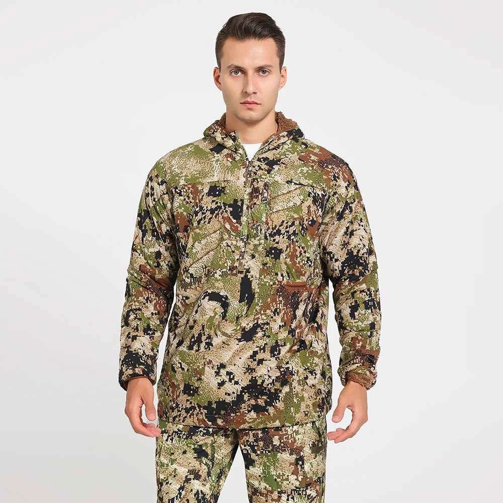 Men's stretch camouflage jacket, hunting pullover, light nylon fabric printed plush lining hoodie