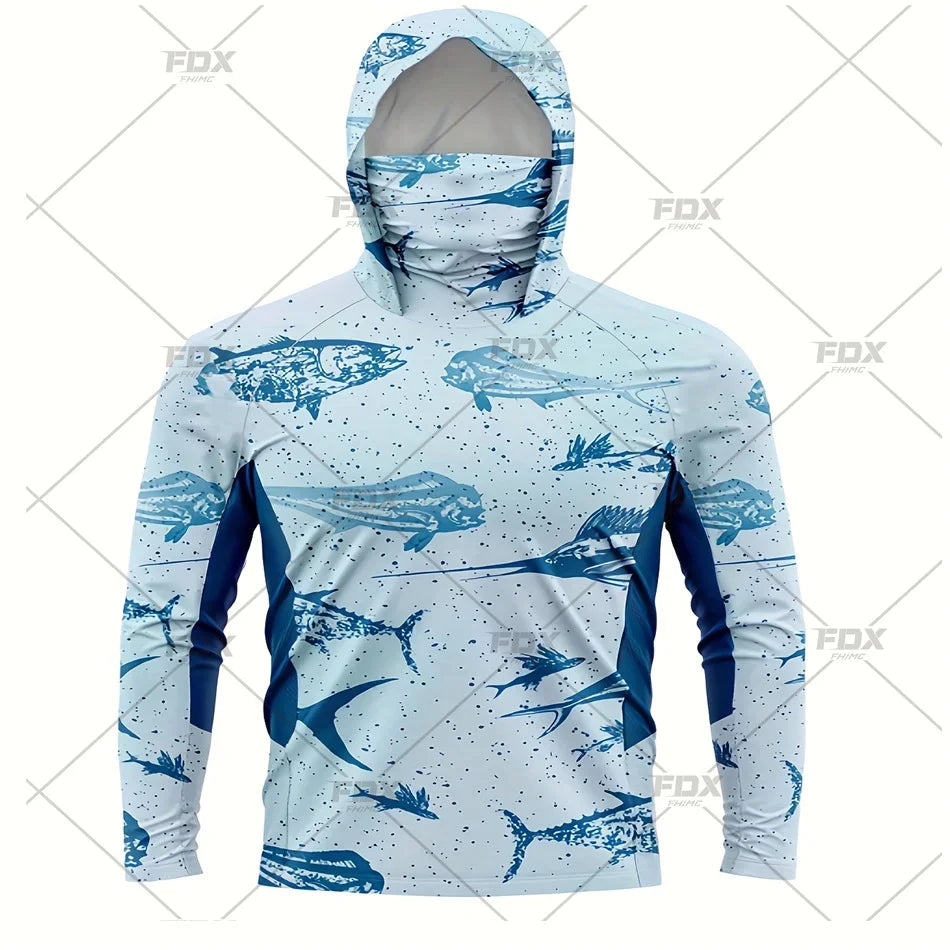 Army Green Camo Colorful Hoodie with Face Mask UV 50+Gaiter Fishing Clothing Men's Long sleeved Breathable Quick Drying T-shirt