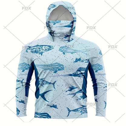 Army Green Camo Colorful Hoodie with Face Mask UV 50+Gaiter Fishing Clothing Men's Long sleeved Breathable Quick Drying T-shirt