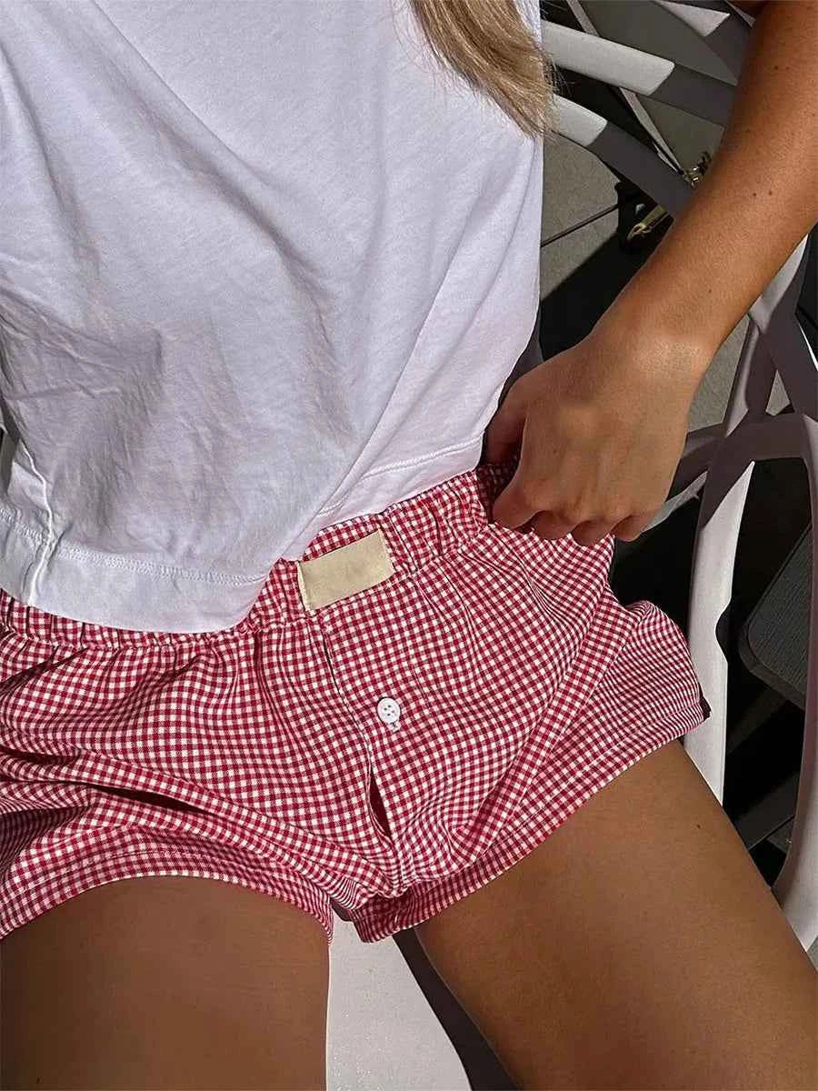 Women’s Y2K Retro Cleanfit Plaid Print Elastic Low Waist Button Front Aesthetic Loungewear Loose Shorts Boxers Streetwear