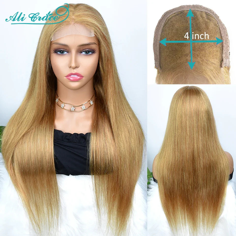 Brown Blonde Color 27 Straight Lace Closure Wig with Baby Hair Ali Grace 24 inch Pre-Plucked Brazilian Straight 4x4 Closure Wig