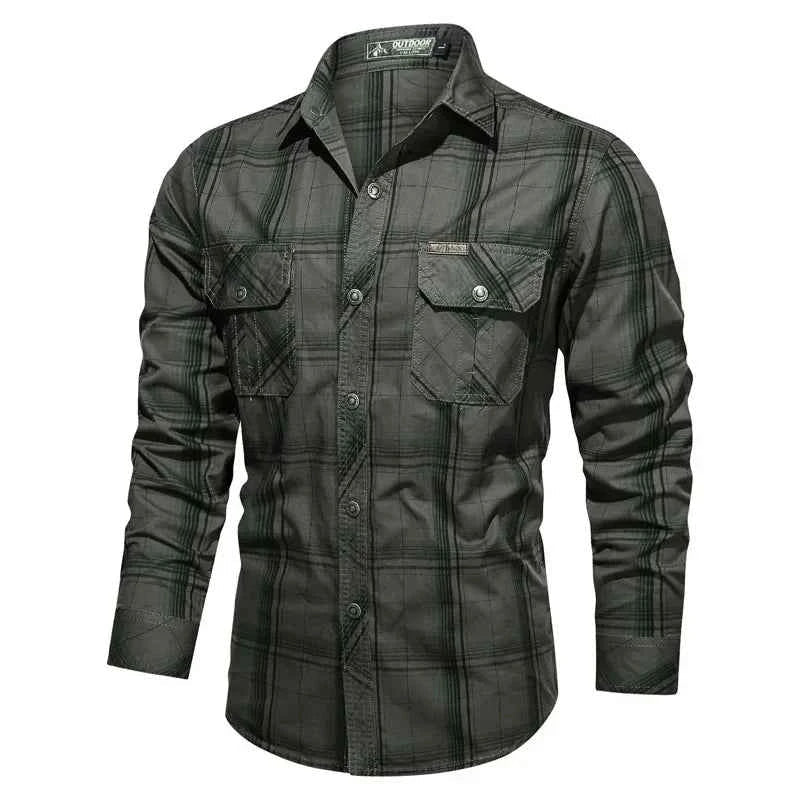 Men Plaid Casual Shirts Male Military Outdoor Loose Multi-pockets Tooling Shirts High Quality Man Large Long-sleeved Shirts 5XL