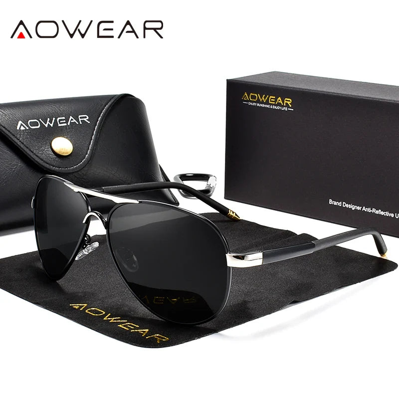 AOWEAR Men's Aviation Sunglasses Men Polarized Mirror Sunglass for Man HD Driving Pilot Sun Glasses