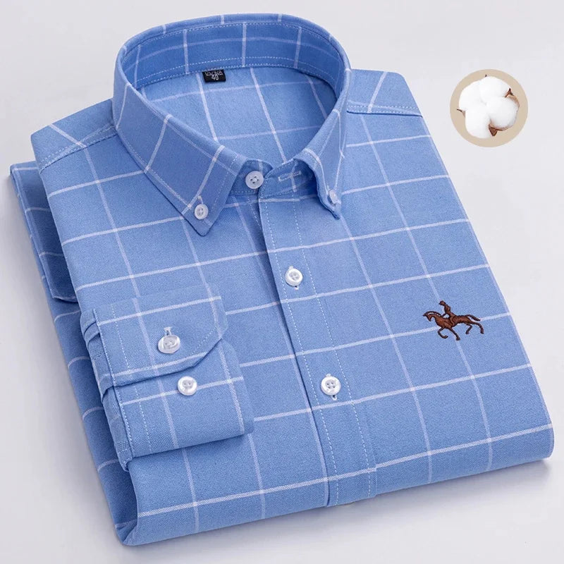 S~7XL 100% Pure Cotton Men's Long Sleeve Oxford Spinning Shirt Business Leisure Embroidery Pocket Slim Fit Button Style Soft Med