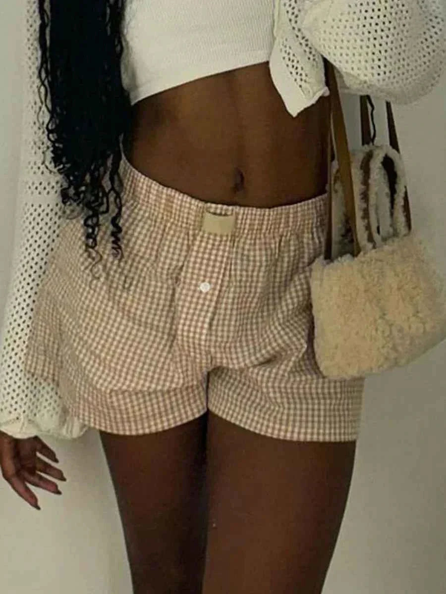 Women’s Y2K Retro Cleanfit Plaid Print Elastic Low Waist Button Front Aesthetic Loungewear Loose Shorts Boxers Streetwear