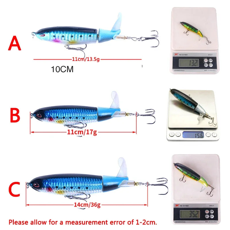 Topwater Popper Fishing Lure – 11cm & 14cm Hard Bait with Rotating Wobbler Tail