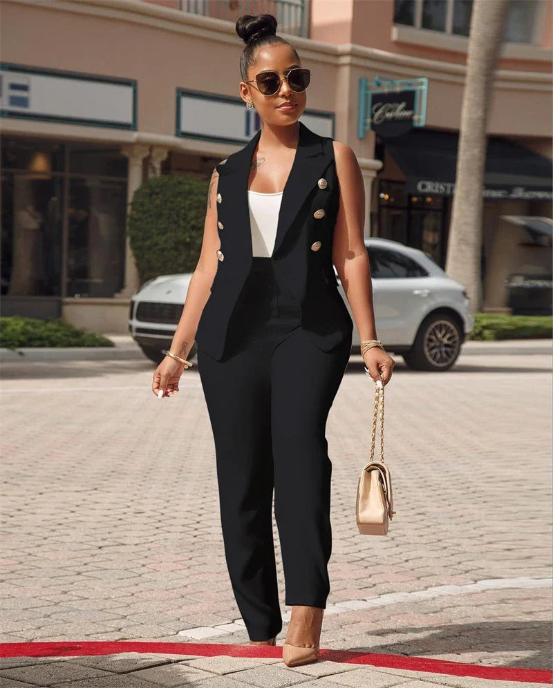 Business Work Wear Two Piece Pant Suits for Women Sets Elegant Sleeveless Blazer Top and Pencil Pants Office Lady Matching Sets