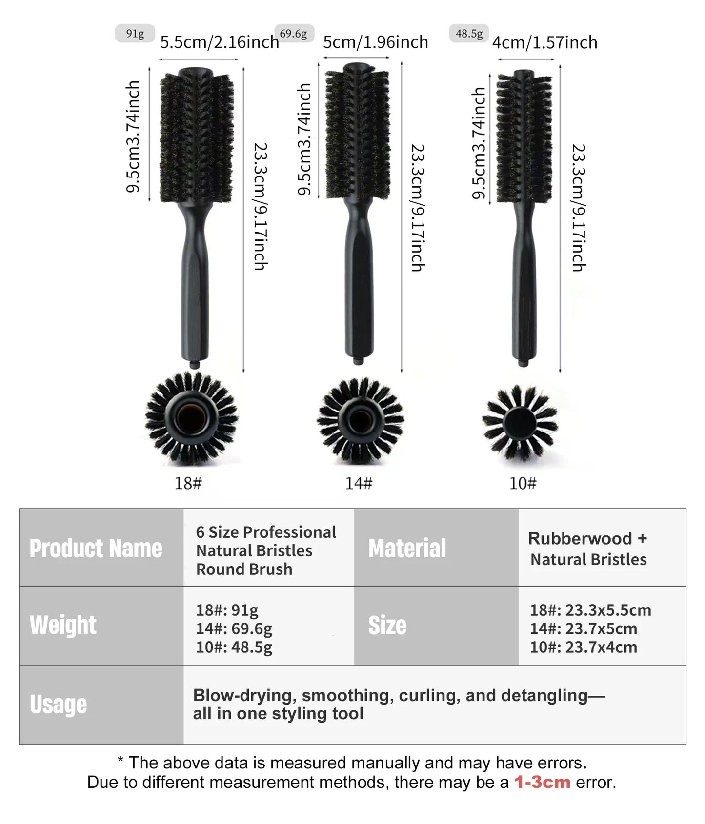 6 Sizes Boar Bristle Round Hair Brush Curly Hair Styling Comb Professional Removable Tail Barber Hairdresser Round Rolling Comb