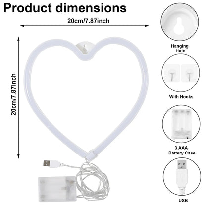 1PC Neon Heart Lights Pink Heart Neon Sign Heart Led Light Led Heart Lamp Heart Decorations For Home Hanging Heart Gifts Decor