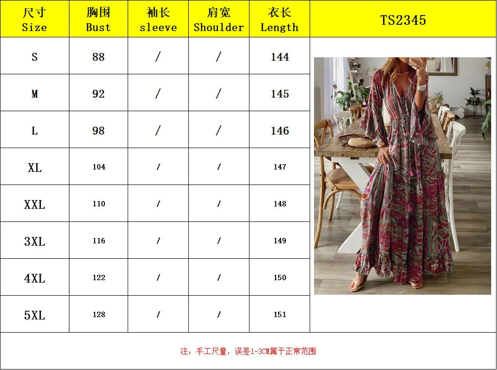 Spring Autumn Women's Fashion Bohemian Style Flare Sleeves Printed V-neck High Waist Dress Fragmented Flower Women's Long Dress