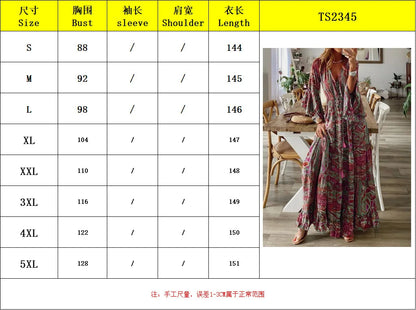 Spring Autumn Women's Fashion Bohemian Style Flare Sleeves Printed V-neck High Waist Dress Fragmented Flower Women's Long Dress