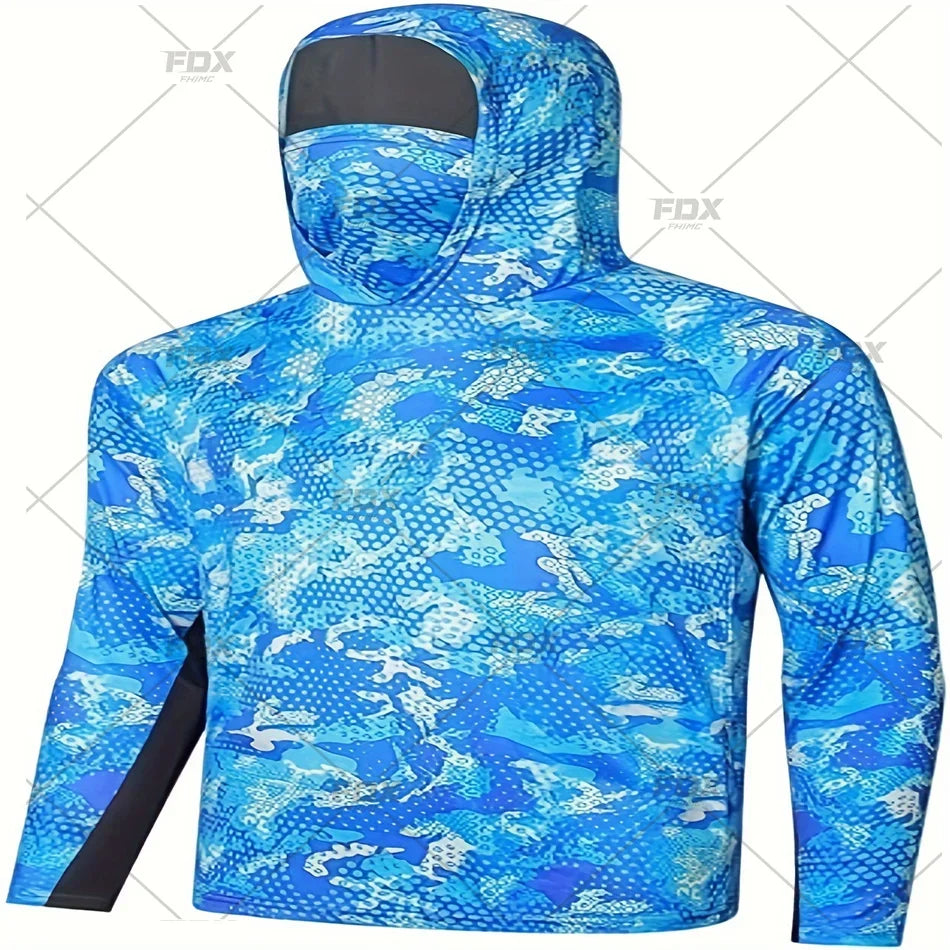Army Green Camo Colorful Hoodie with Face Mask UV 50+Gaiter Fishing Clothing Men's Long sleeved Breathable Quick Drying T-shirt