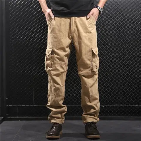 Men's Cotton Cargo Pants – Loose Fit, Multi-Pocket, Camo & Black, Waist 31-36