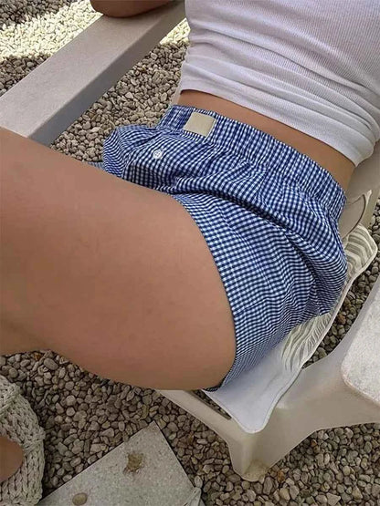 Women’s Y2K Retro Cleanfit Plaid Print Elastic Low Waist Button Front Aesthetic Loungewear Loose Shorts Boxers Streetwear
