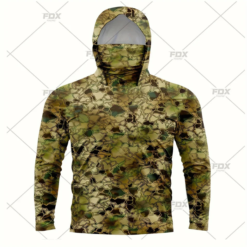 Army Green Camo Colorful Hoodie with Face Mask UV 50+Gaiter Fishing Clothing Men's Long sleeved Breathable Quick Drying T-shirt