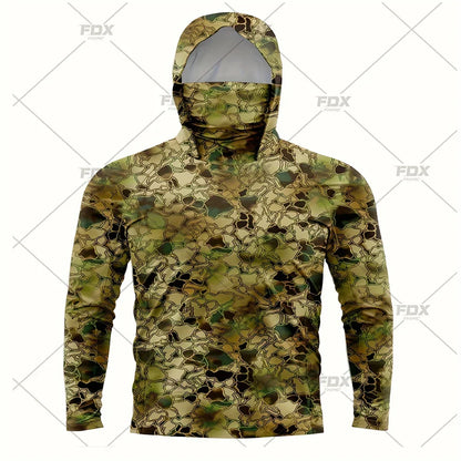 Army Green Camo Colorful Hoodie with Face Mask UV 50+Gaiter Fishing Clothing Men's Long sleeved Breathable Quick Drying T-shirt
