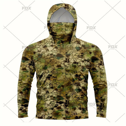 Army Green Camo Colorful Hoodie with Face Mask UV 50+Gaiter Fishing Clothing Men's Long sleeved Breathable Quick Drying T-shirt