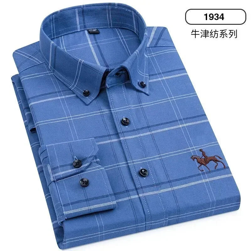 S~7XL 100% Pure Cotton Men's Long Sleeve Oxford Spinning Shirt Business Leisure Embroidery Pocket Slim Fit Button Style Soft Med